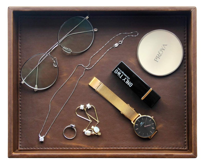 Vixdonos Leather Valet Tray Rectangular Catchall Tray Counter Organizer for Key,Jewelry,Perfume,Glasses and Watches(Brown) - Image 1